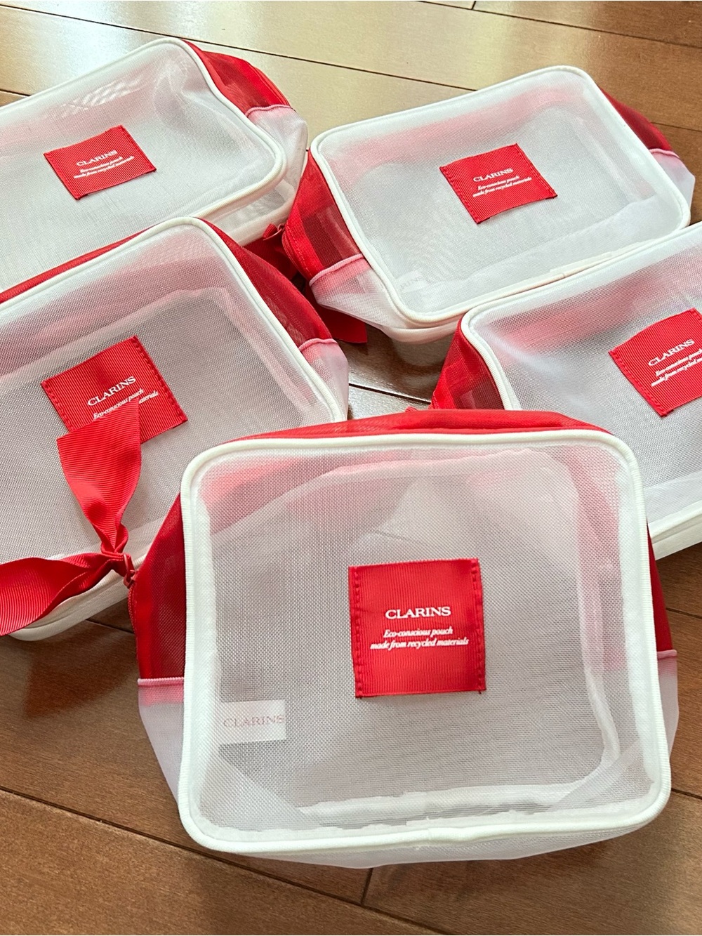 5xClarins Red & White Mesh Cosmetic Pouch